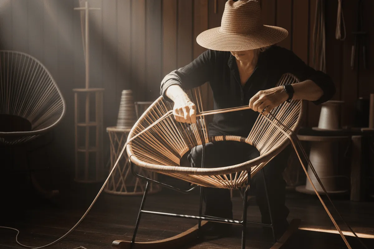 Proceso artesanal de tejido sobre una silla de estructura metálica